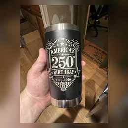Custom engraved tumbler with a patriotic anniversary design